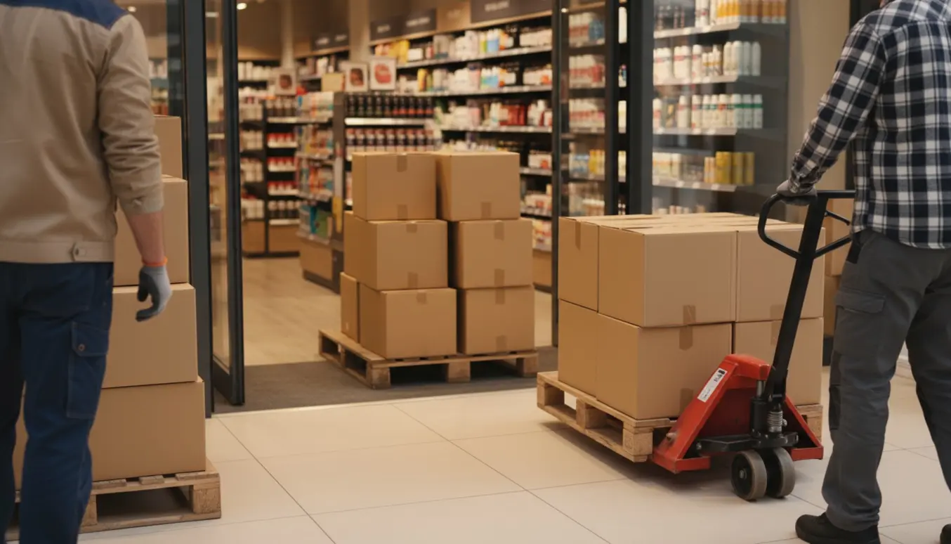 Kasser flyttes fra butik og stabler på paller med en palleløfter.