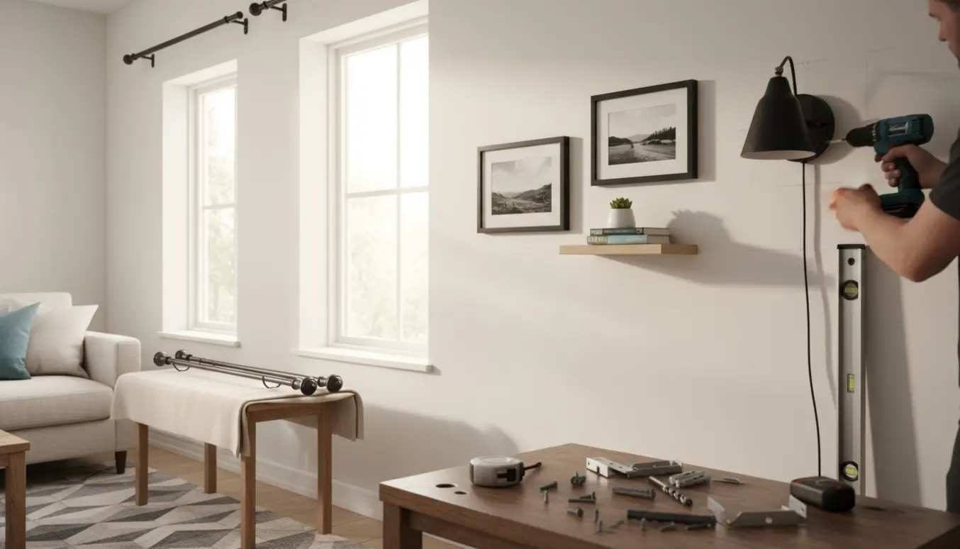 Hænder installerer en væglampe ved en lys væg med monterede gardinstænger, billeder og en lille hylde.