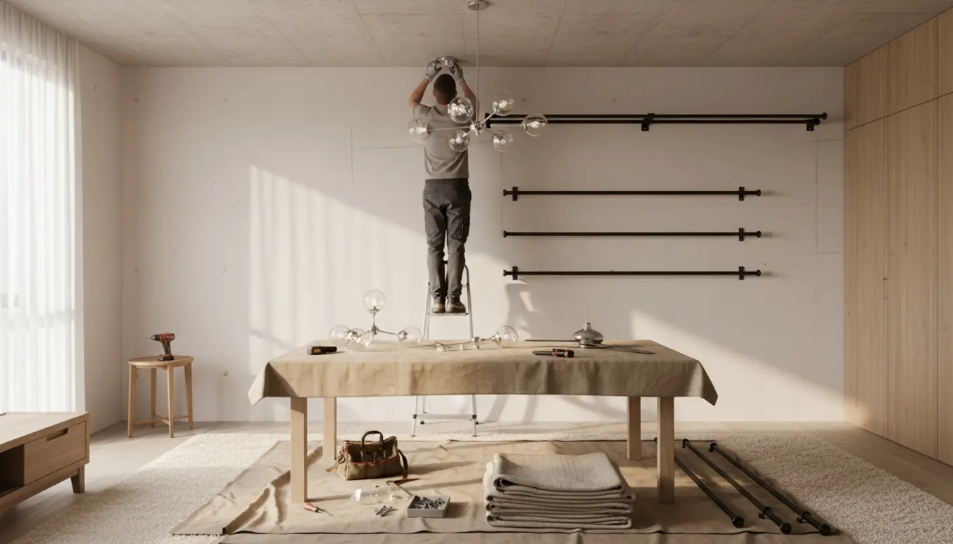 Håndværker på en stige monterer lampe under et råt betonloft med gardinstænger og værktøj klar.