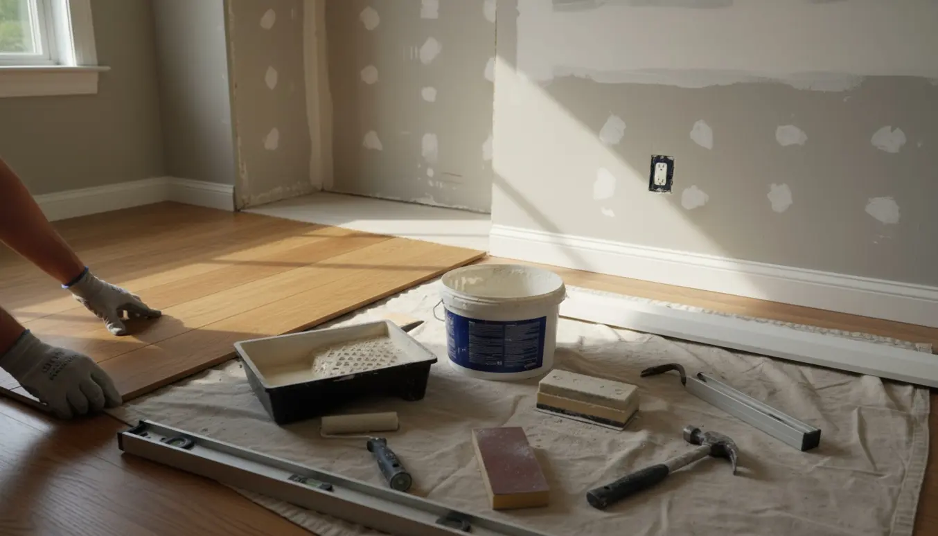 Rum efter fjernet indbygget skab med håndværkerhænder, maler- og gulvmaterialer klar til montering.