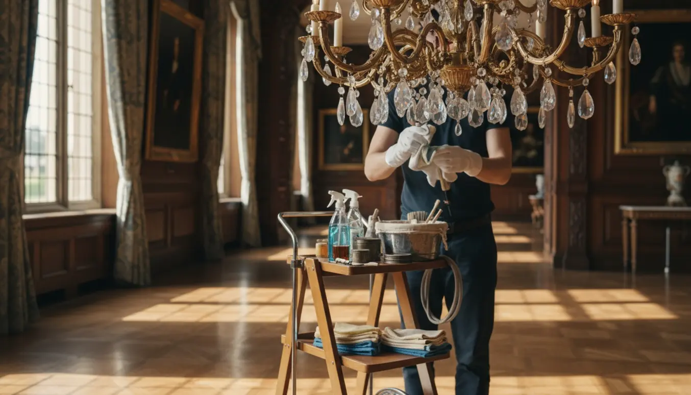 En professionel rengøringsmedarbejder pudser en ornamenteret lysekrone i et solbelyst palærum.