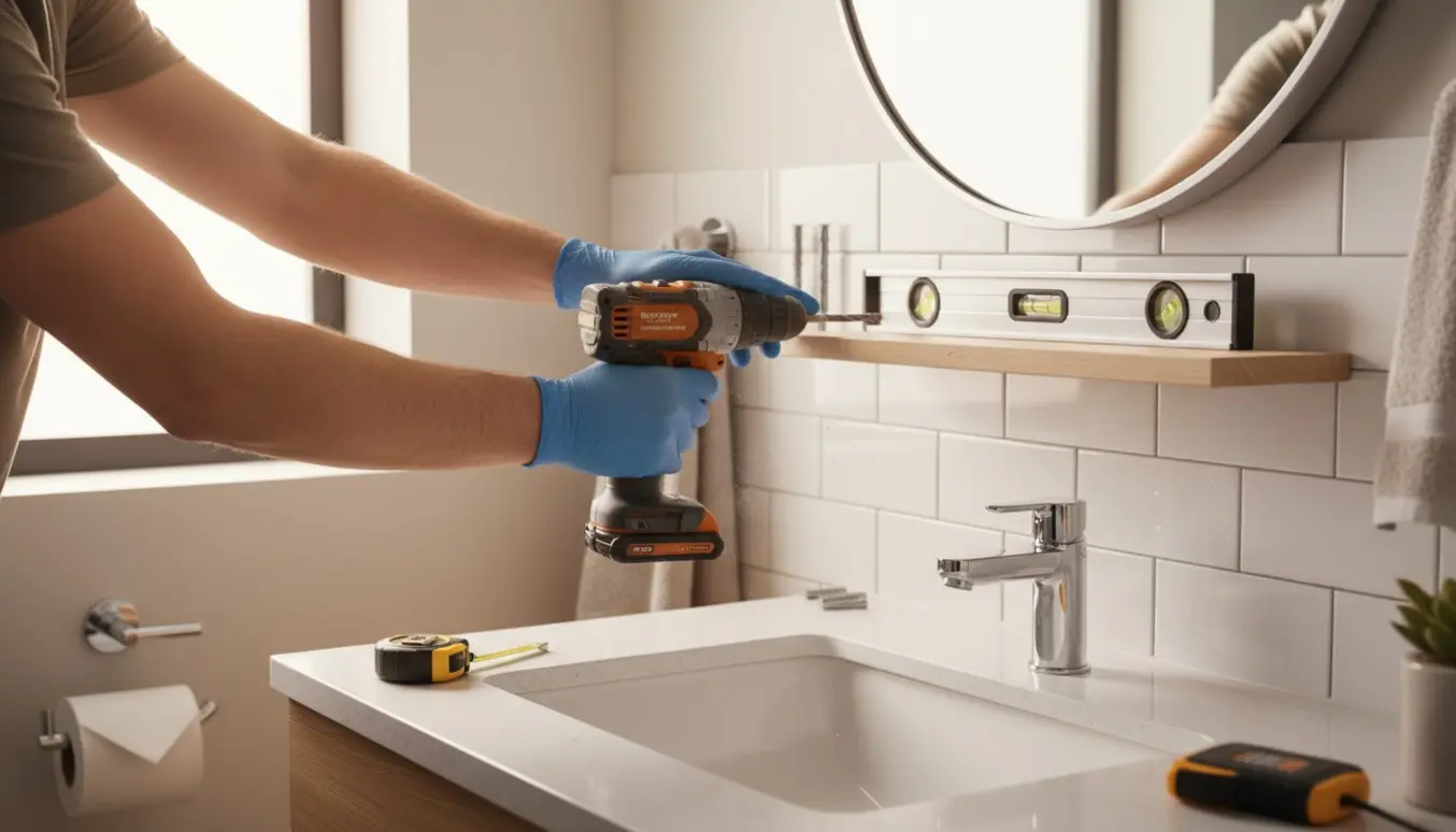 Hænder monterer et spejl og en flydende hylde over vasken i et lyst, moderne badeværelse med værktøj på bordet.