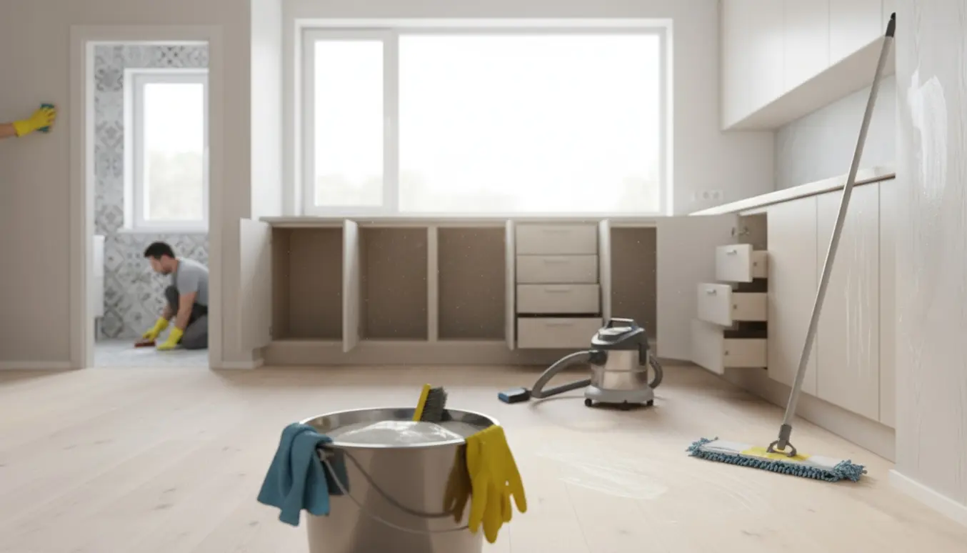 Dybrengøring af lejlighed efter håndværkere med åbne køkkenskabe, moppe og rengøringsredskaber.