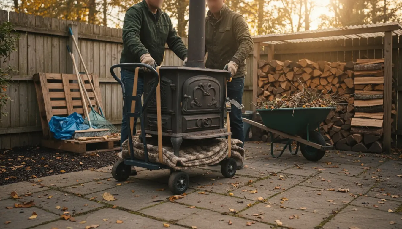 To personer flytter en støbejernsbrændeovn på en tralle i en have med stablet brænde og haveredskaber.