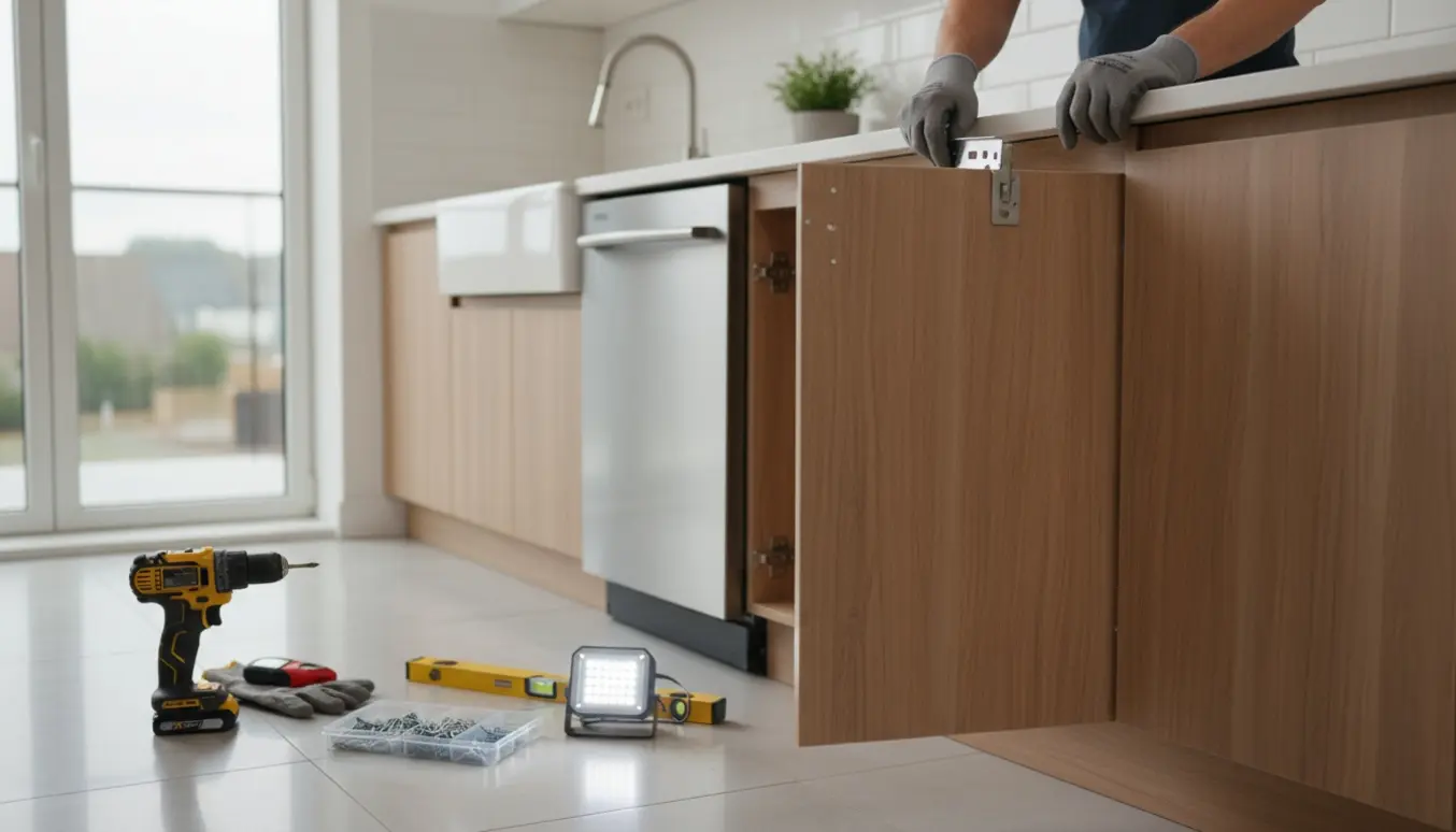 Delvist afmonteret køkkenskab under vask ved siden af opvaskemaskine med værktøj og handsker klar til montering.