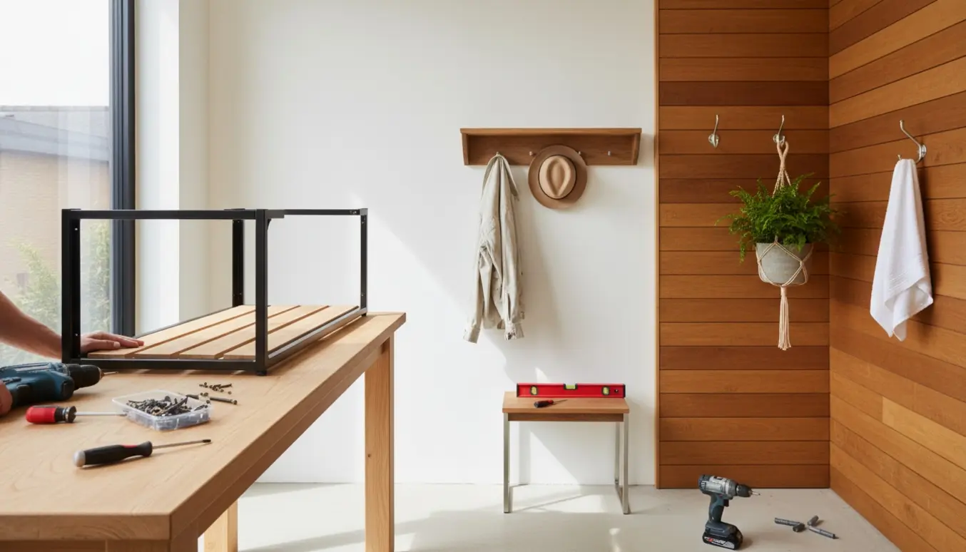 Delvist samlet grillbord med værktøj, hatthylle på gipsvæg i entre og to nyopsatte kroge på trævæg på altan.