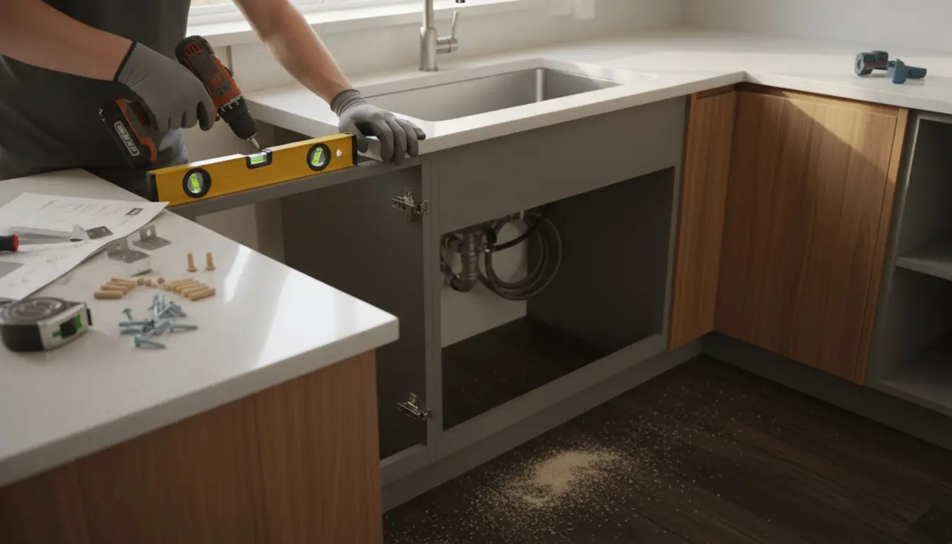 Nærbillede af hænder, der samler og monterer et køkkenskab i det tomme rum, hvor opvaskemaskinen stod.