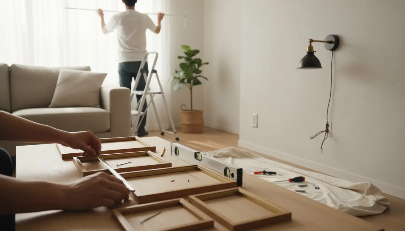 Hænder hænger billeder og monterer en gardinstang og en væglampe i en lys stue.