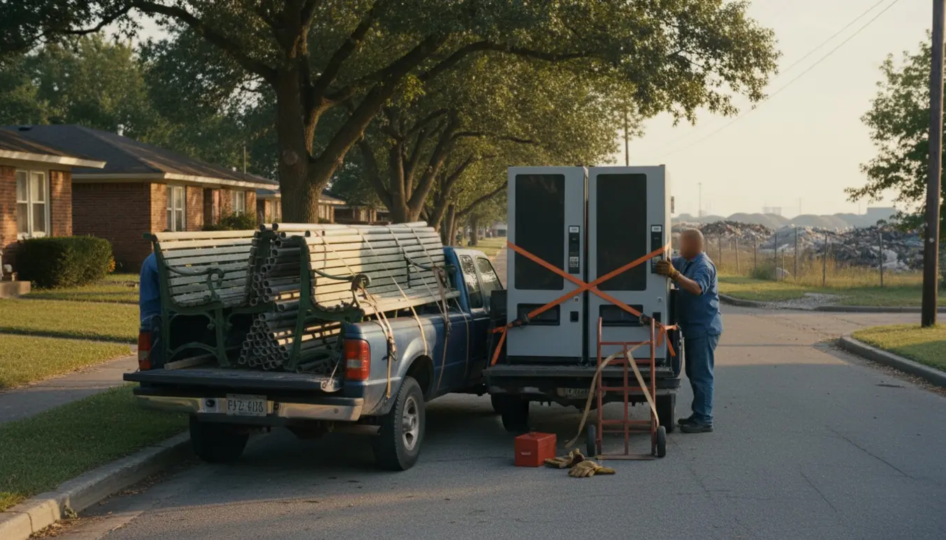 Lastbil læsset med havemøbler, stilladsdele og salgsautomater på vej mod en losseplads.