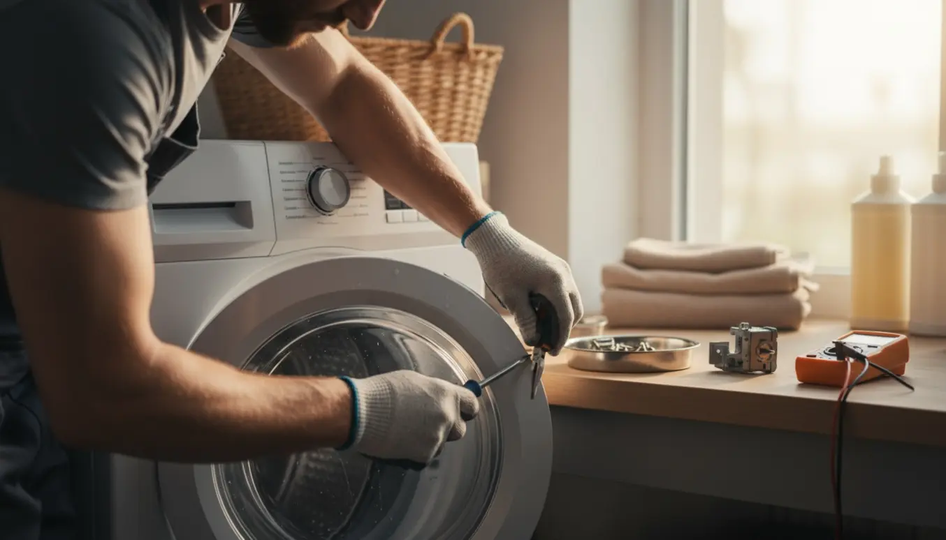 Håndværker arbejder med værktøj for at få døren op på en frontbetjent vaskemaskine i et lyst vaskerum.