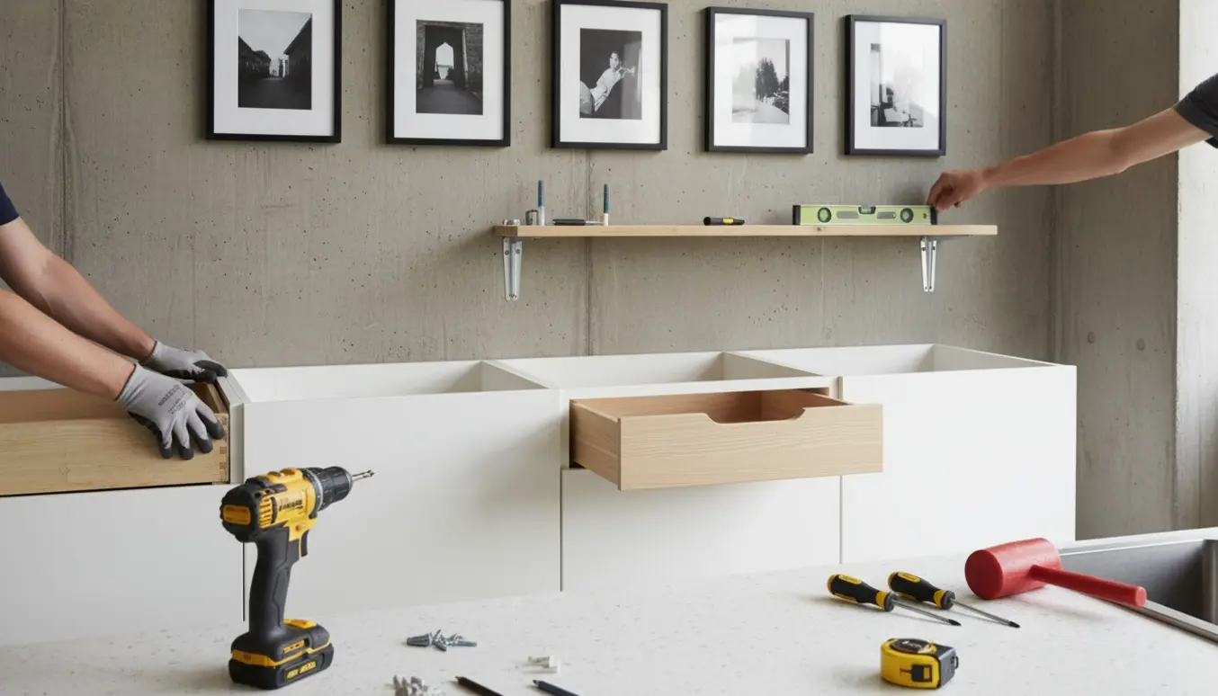 Hænder monterer skuffer i køkkenskabe og hænger billeder op på en betonvæg med værktøj på bordet.