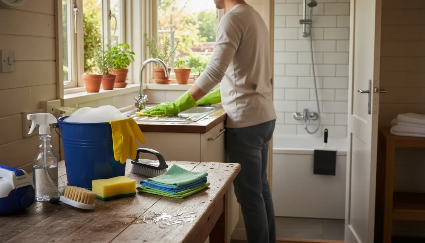 Rengøring af køkken og badeværelse i en kolonihavehytte med rengøringsudstyr og sollys gennem vinduet.