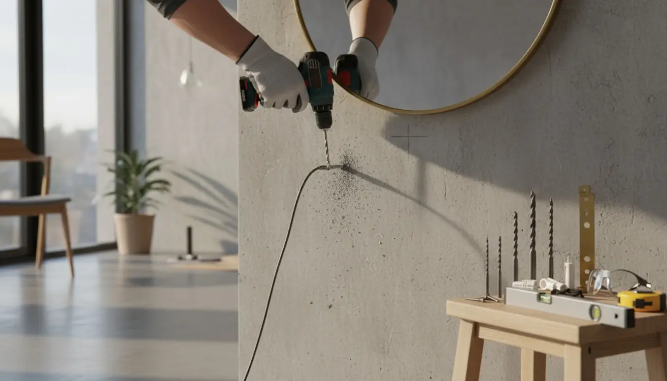 Rundt spejl monteres på en rå betonvæg med værktøj og hænder i fokus.
