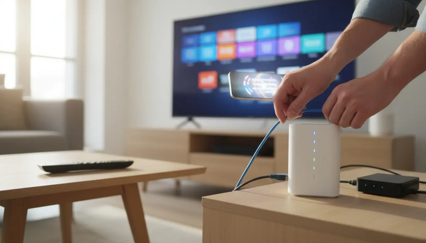 Hænder tilslutter router og Ethernet foran et fladskærms-tv med en generisk app-oversigt på skærmen.