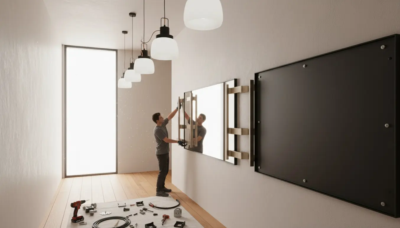 Håndværker monterer fem loftslamper, et stort spejl og en metal opslagstavle i et lyst, moderne rum.