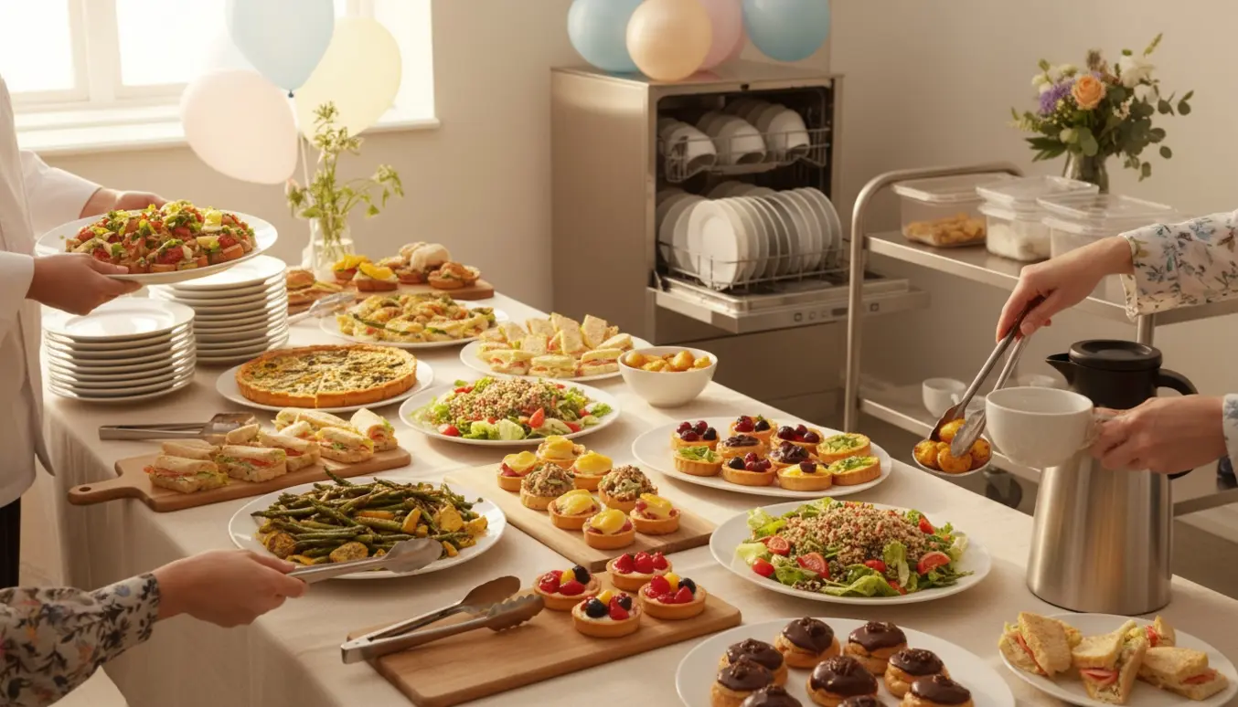 Buffet til fødselsdag med hænder, der fylder op, kaffe og opvask i baggrunden.