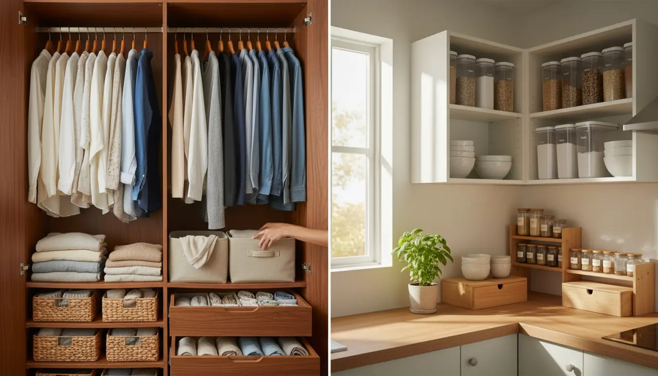 Organiseret klædeskab med farvekoordineret tøj og et ryddeligt køkken med gennemsigtige opbevaringsbeholdere.