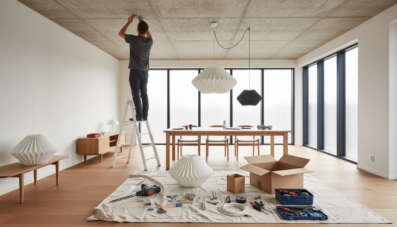 Elektriker på en stige monterer en loftslampe i en lejlighed med betonloft, omgivet af værktøj og to papirlampeskærme.