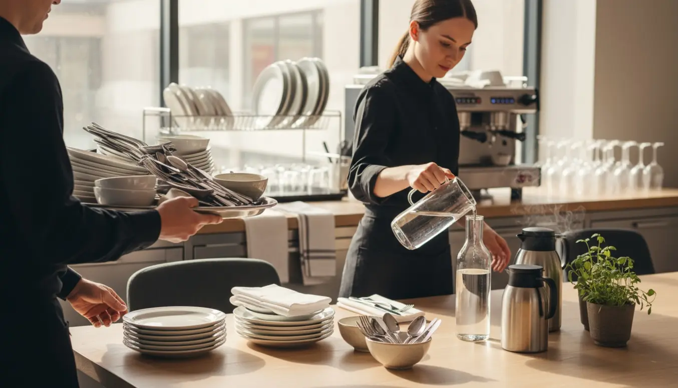 To serveringshjælpere rydder borde, fylder vand og laver kaffe i et lyst, moderne spiserum.