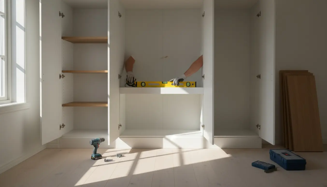 Hænder måler og monterer hylder i tre indbyggede skabe med boremaskine og værktøj i et lyst rum.