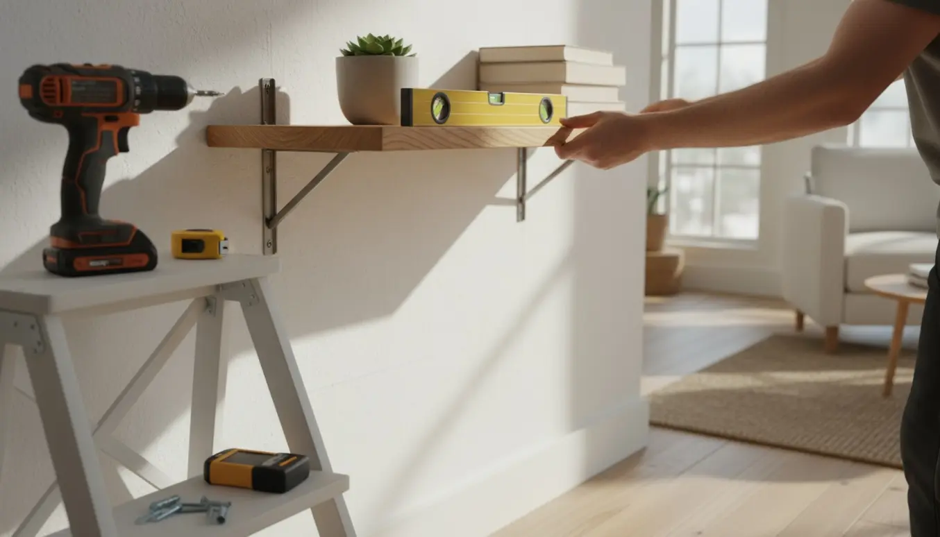 Hænder monterer en lille træhylde på en væg med boremaskine og vaterpas i et lyst rum.