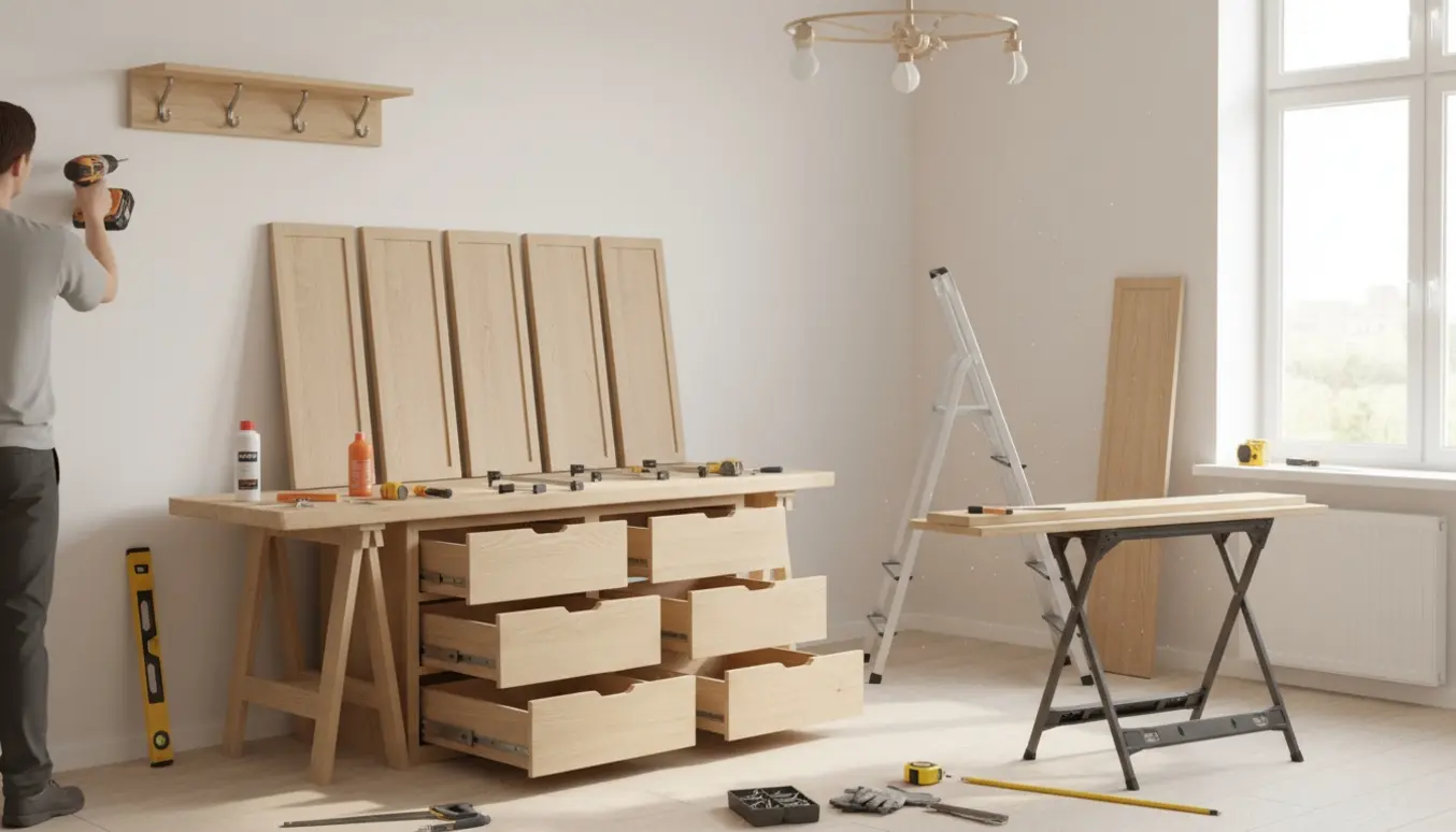 Hænder monterer hylder og skabslåger, reparerer skuffer og lægger en træplade til vindueskarmen i et lyst rum med værktøj.