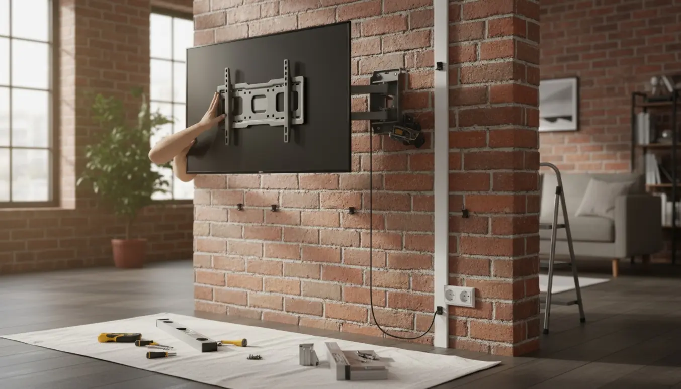 Et 55" TV monteres på en murstensvæg med beslag, og kablet løber pænt til et stikkontakt cirka en meter under.