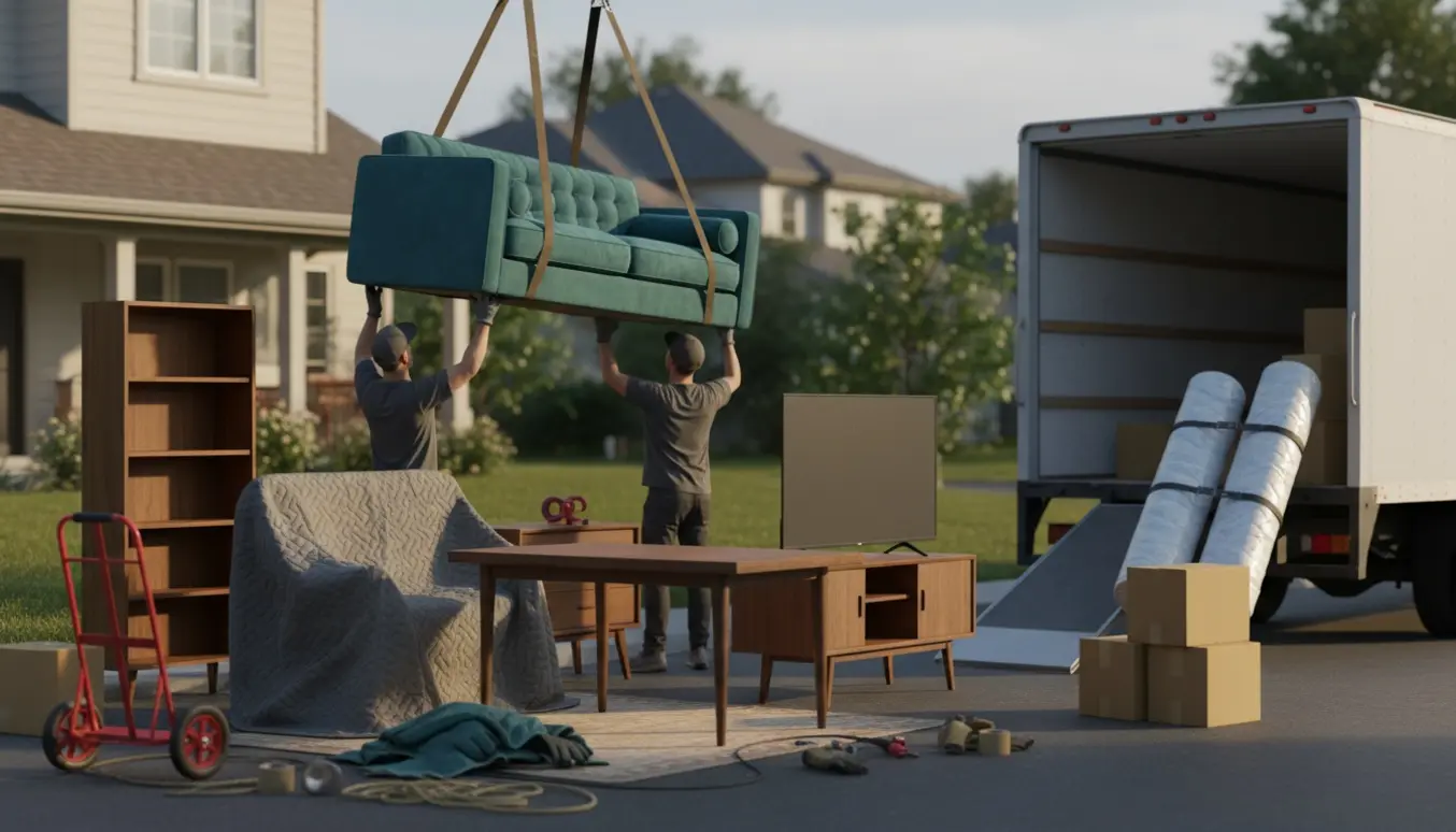 Møbler sænkes fra 2. sal og læsses ind i en åben flyttevogn uden synlige ansigter.