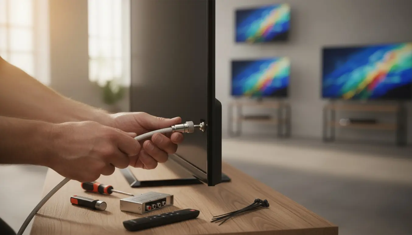 Hænder tilslutter coax-kabel til et tv foran tre andre tændte fjernsyn i et lyst hjem.