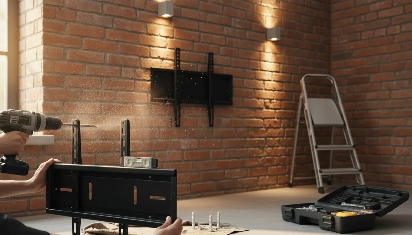 Hænder monterer TV-beslag på en murstensvæg med boremaskine, stige og monterede lamper i baggrunden.