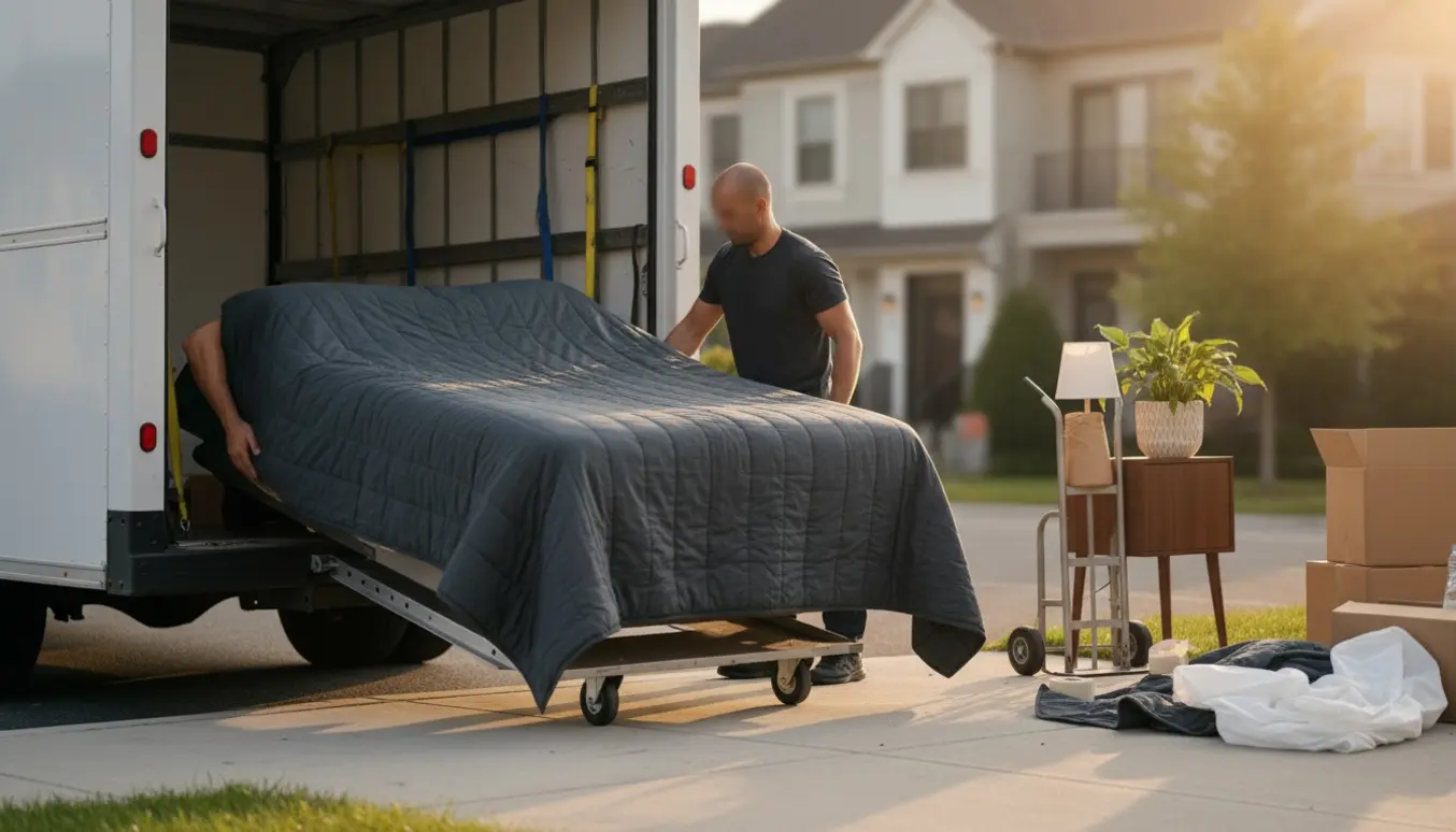 En seng og tre små ting bliver læsset ind i en flyttevogn under en lille flytning.