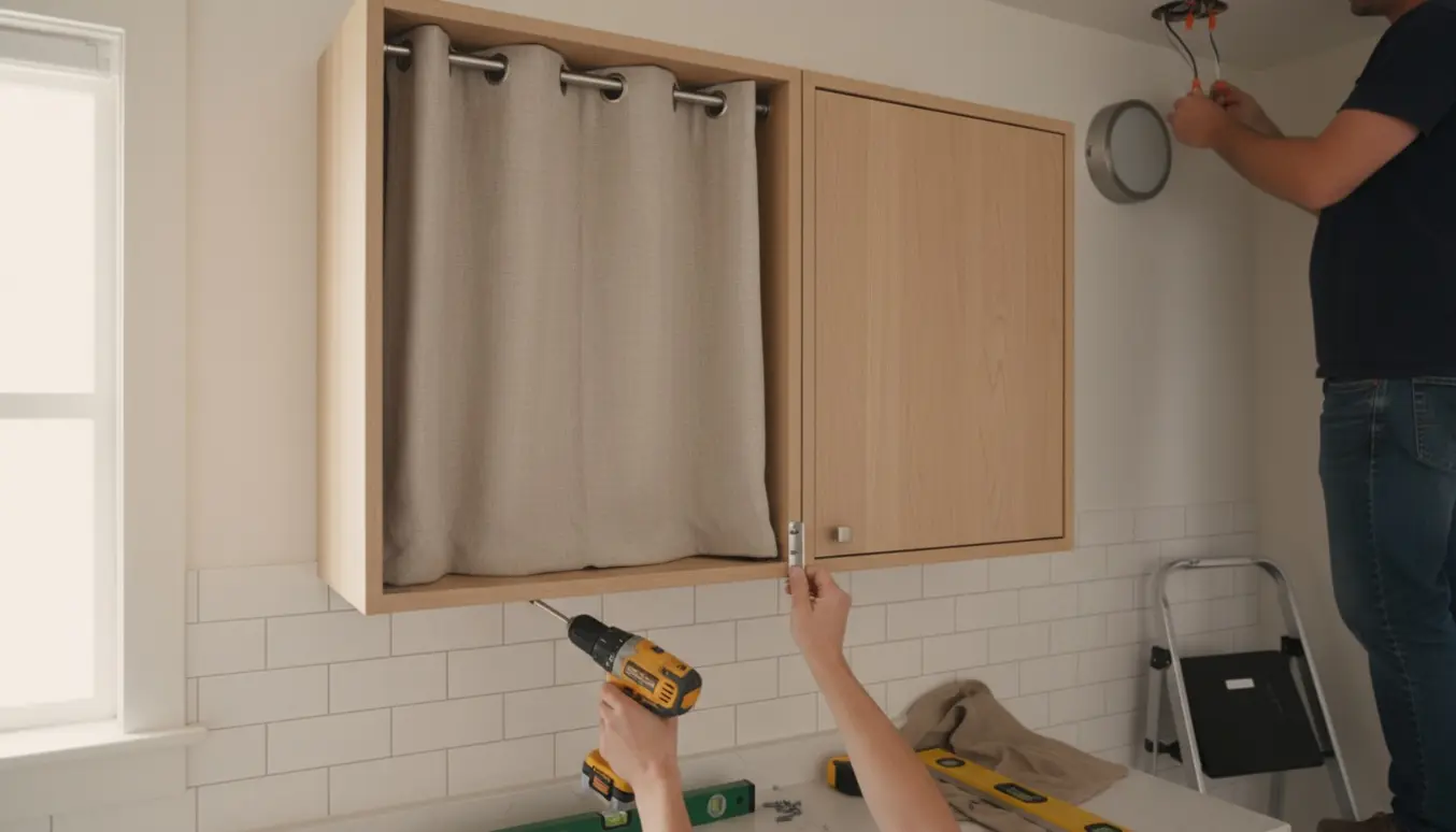 Montering af badeværelsesskabe med gardinstang som skabsdør og installation af loftslamper i et lyst flisebadeværelse.