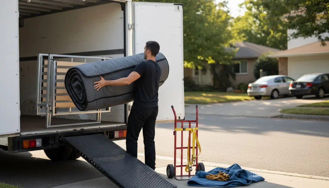 To personer læsser en enkeltseng og tilbehør ind i en varevogn ved fortovet, klar til skrald.