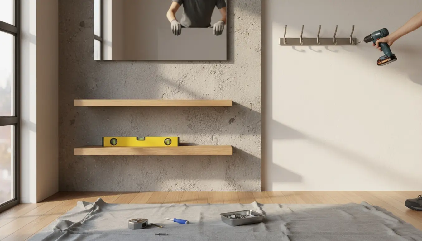 Montage af to hylder, et spejl og en knagerække med værktøj i forgrunden.