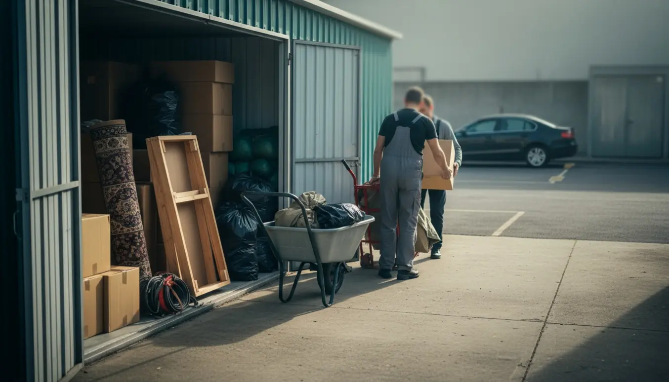 To personer uden tydelige ansigter flytter kasser, møbler og sække fra et åbent udendørs depot mod en parkeringsindgang.
