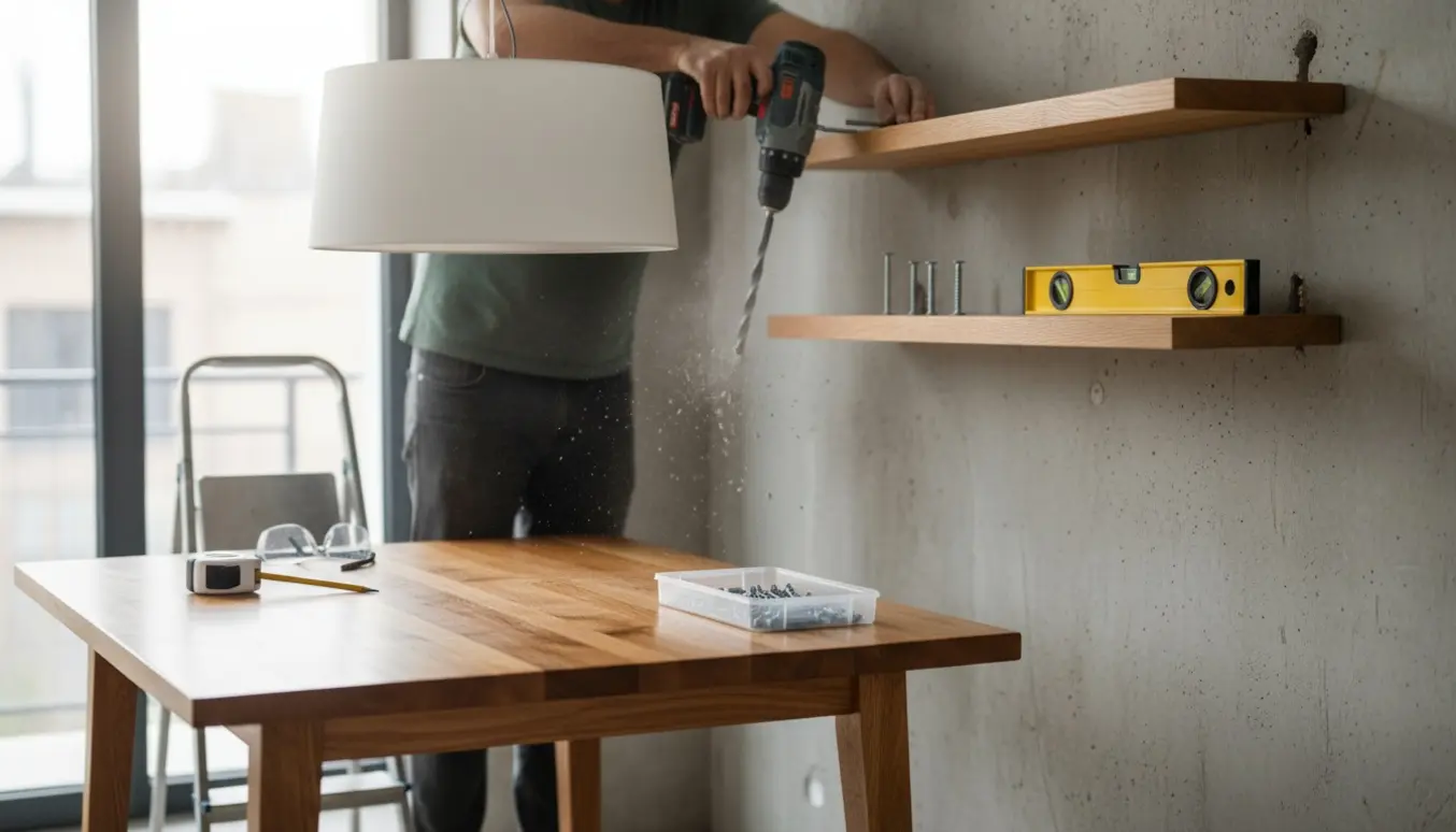 Håndværker monterer en spisebordslampe og to flydende hylder på en rå betonvæg med borehammer og rawlplugs.