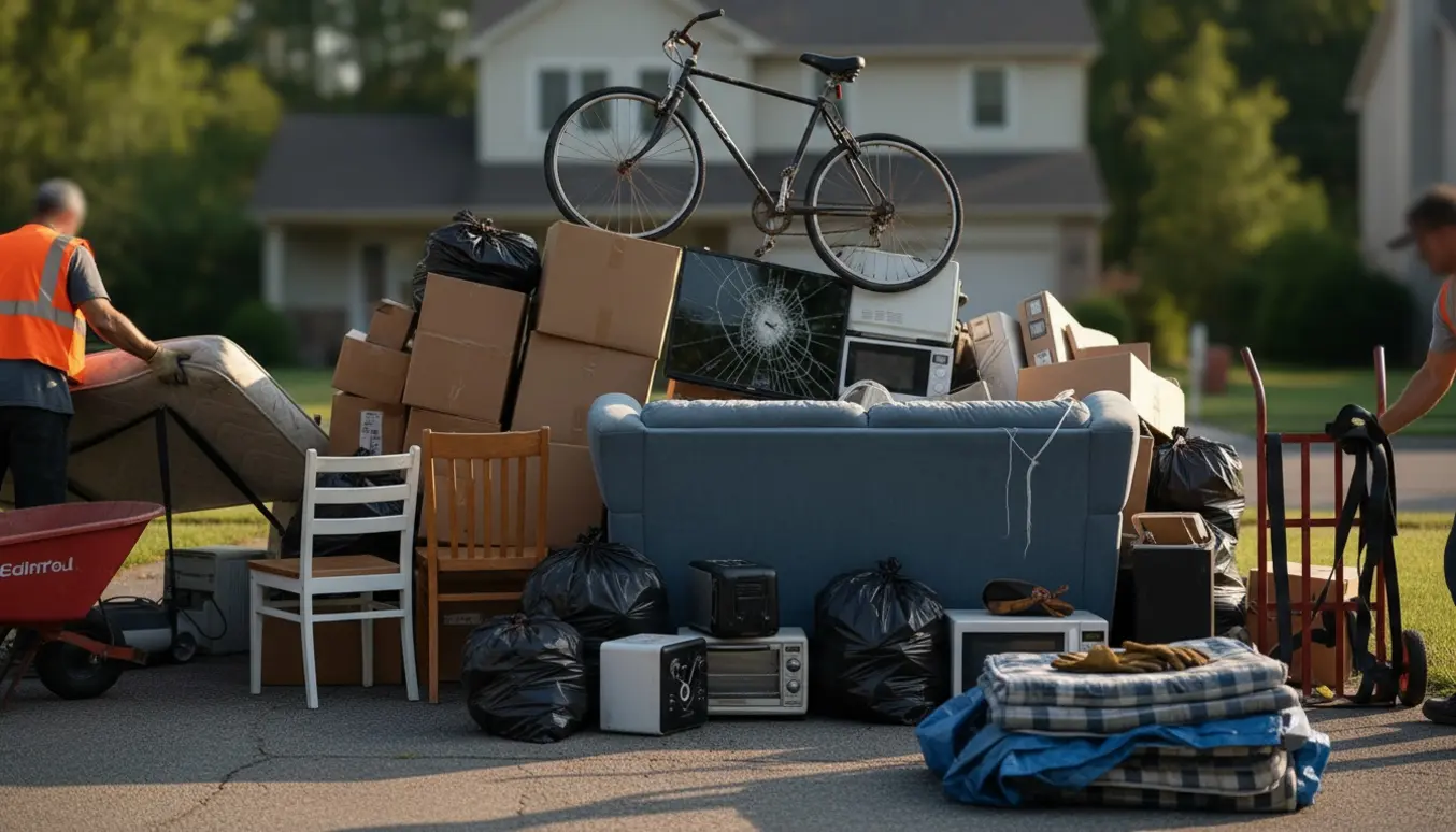 Storskrald på indkørsel med møbler, elektronik og en cykel klar til afhentning.