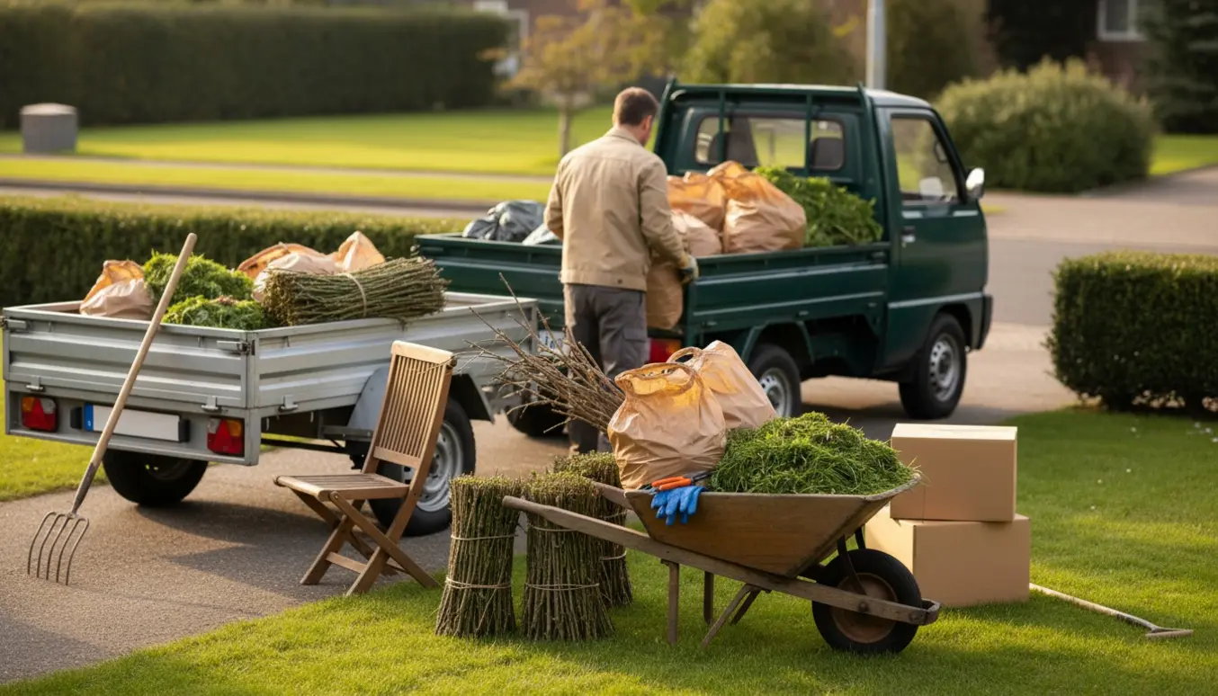 Pick-up lastes med haveaffald, bundter af kviste og et par små møbler på en indkørsel i blødt naturligt lys.