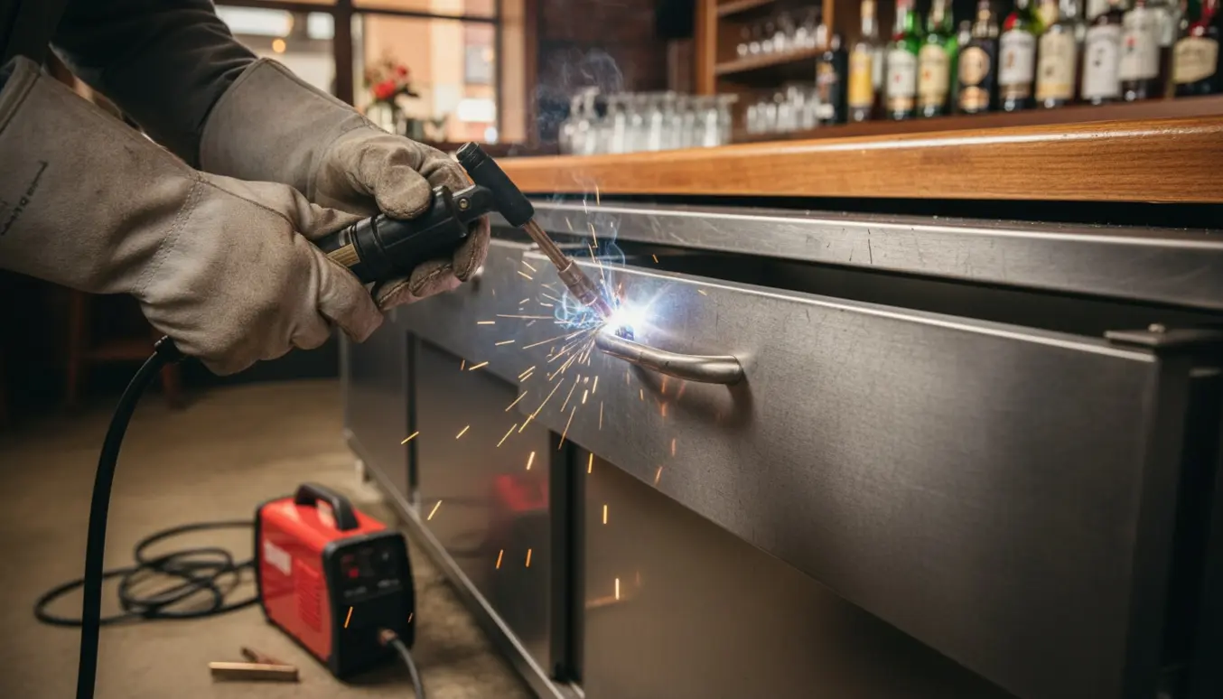 Nærbillede af svejsning af metalfront på en køleskuffe i en restaurantbar med handsker og svejseudstyr.
