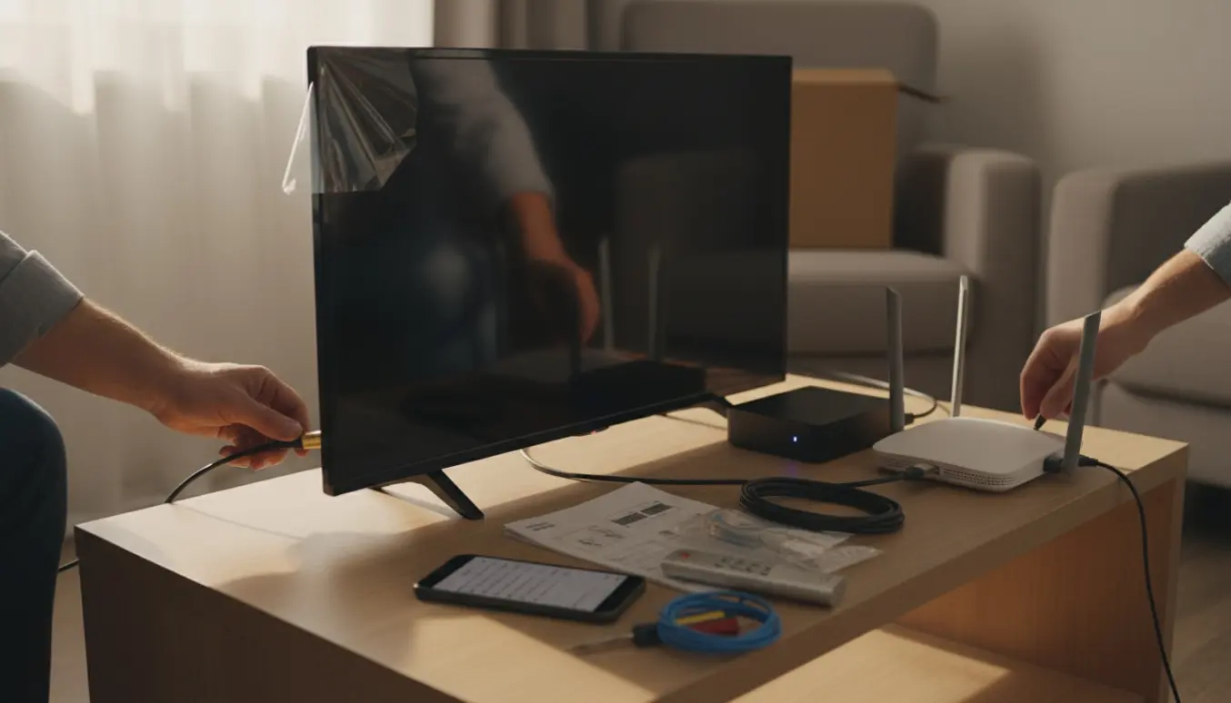 Hænder tilslutter en kabelboks og router til et nyt tv på et bord i en stue.