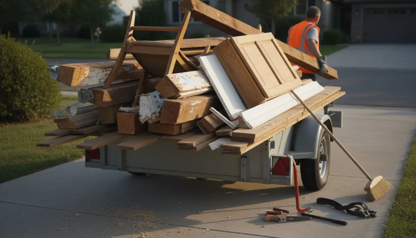 En arbejder læsser indendørs træaffald fra lofter og møbler i en åben trailer på en indkørsel.