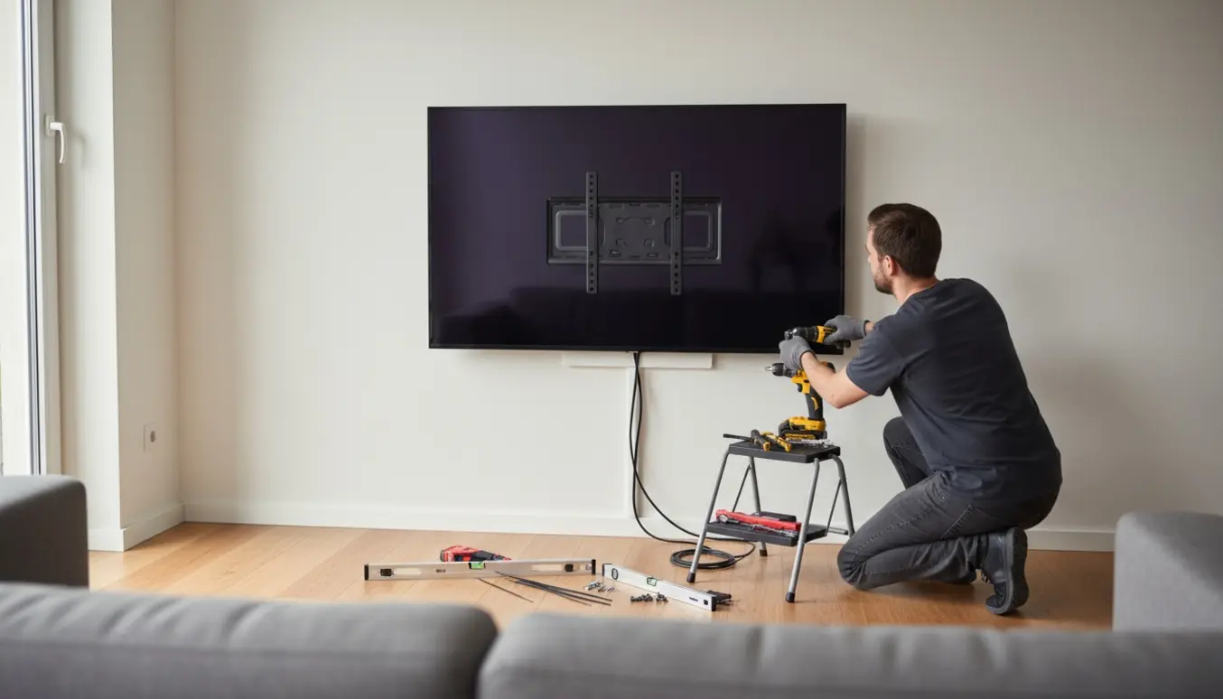 Installation af et fladskærms-TV på stuevæg med slankt vægbeslag, synlige kabler og værktøj i et lyst hjem.