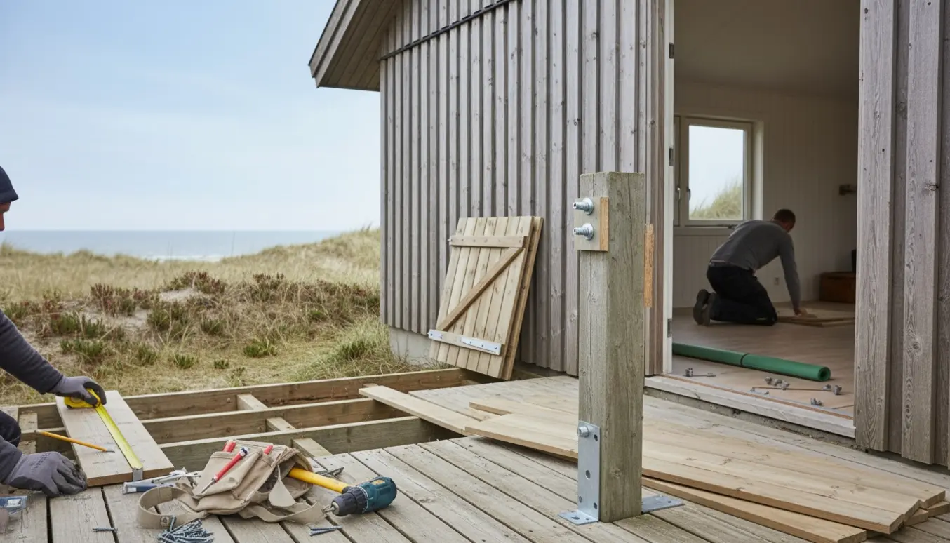 Sommerhus på Rømø med håndværkerhænder, nye terrassebrædder, værktøj og gulvlægning synligt gennem en åben dør.