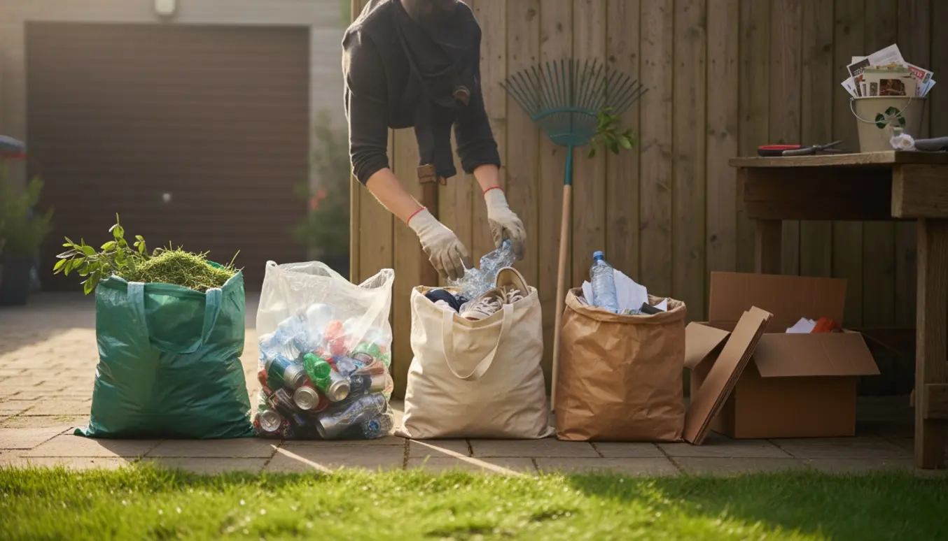 Sække med haveaffald, plast og metal, tøj og pap klar til sortering.