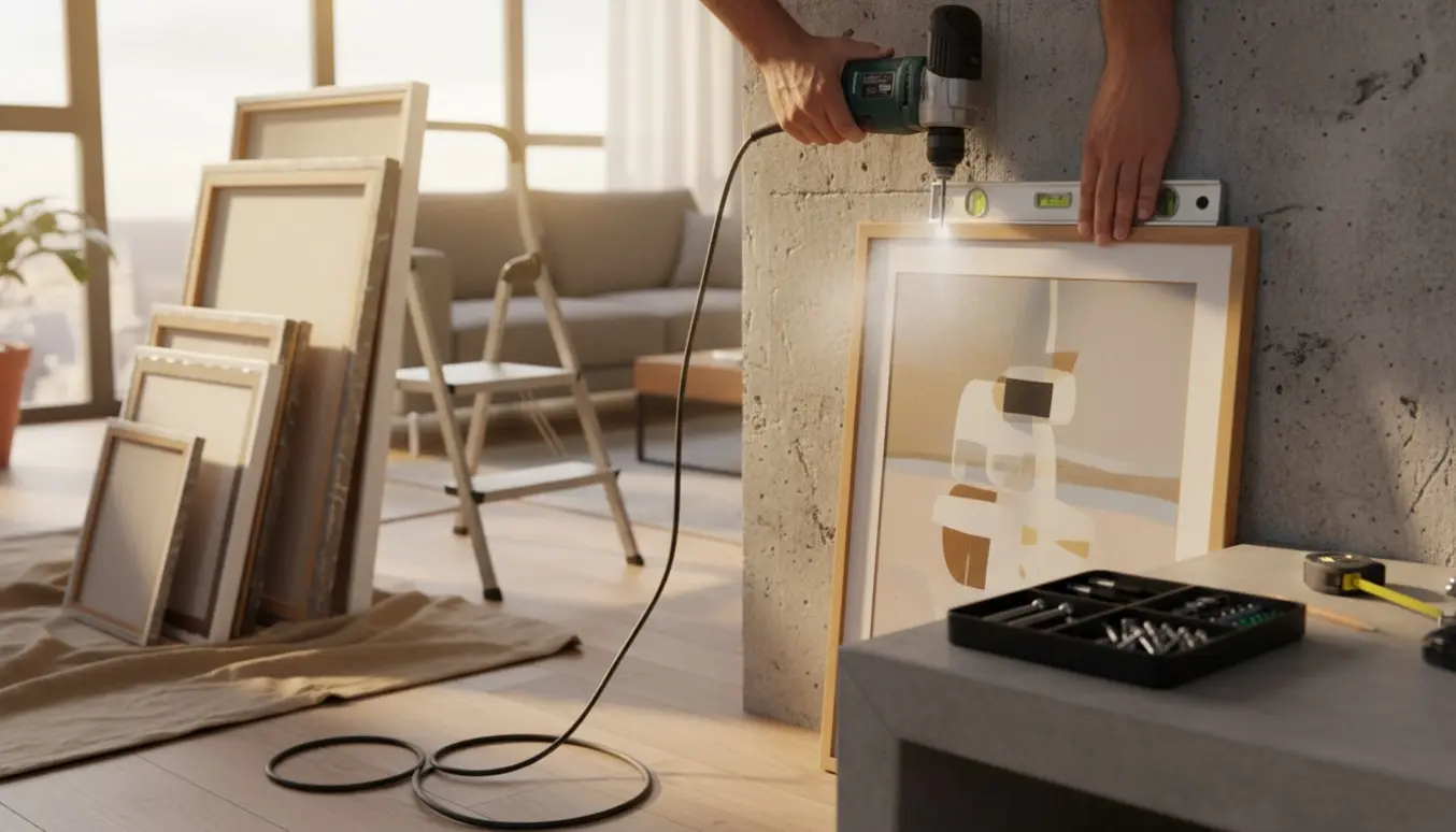 Hænder monterer indrammet kunst på en betonvæg med borehammer, vaterpas og skruer.