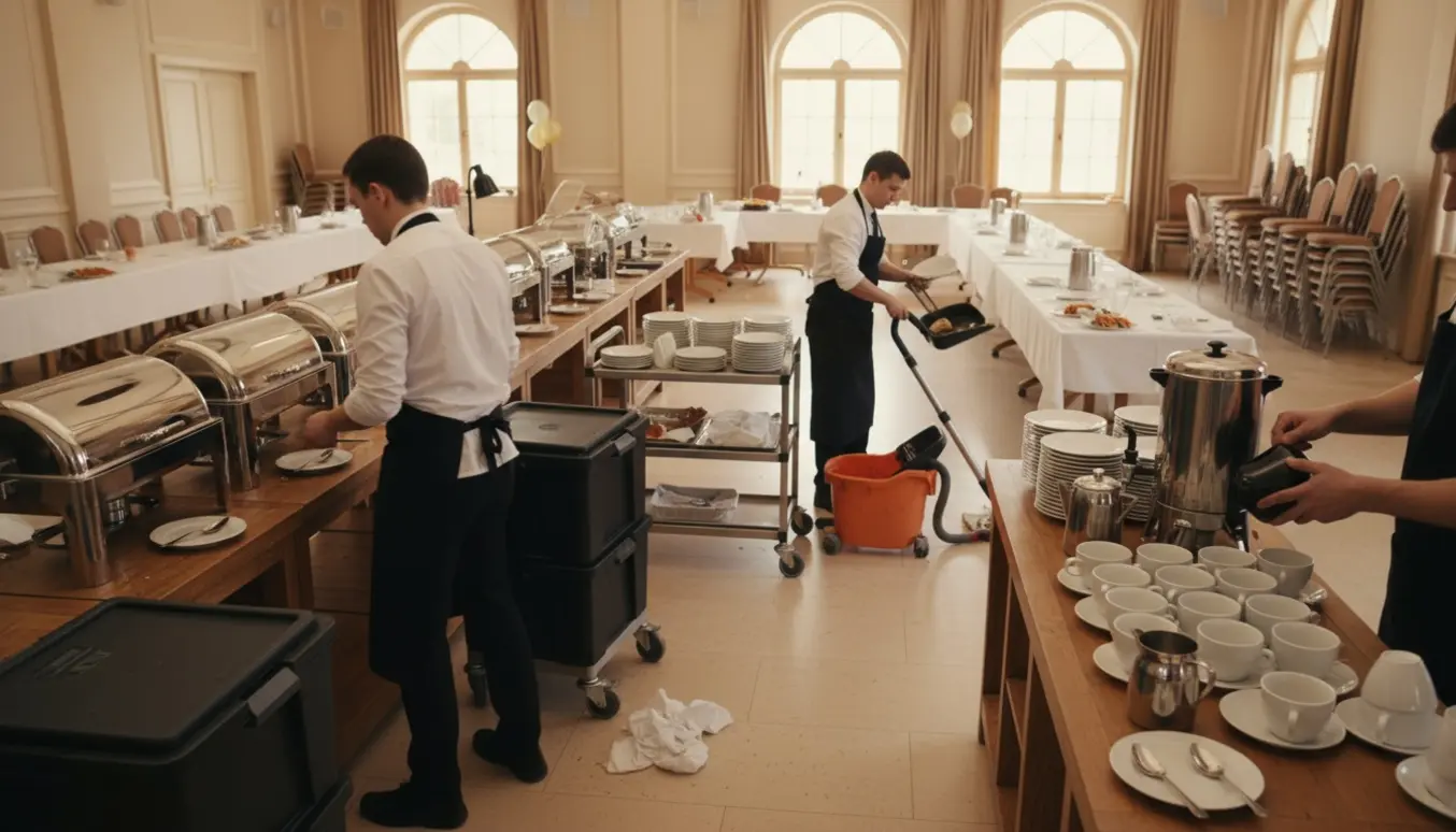 Tre tjenere rydder op efter en fest i et lyst selskabslokale med buffet, kaffe og rengøringsudstyr.