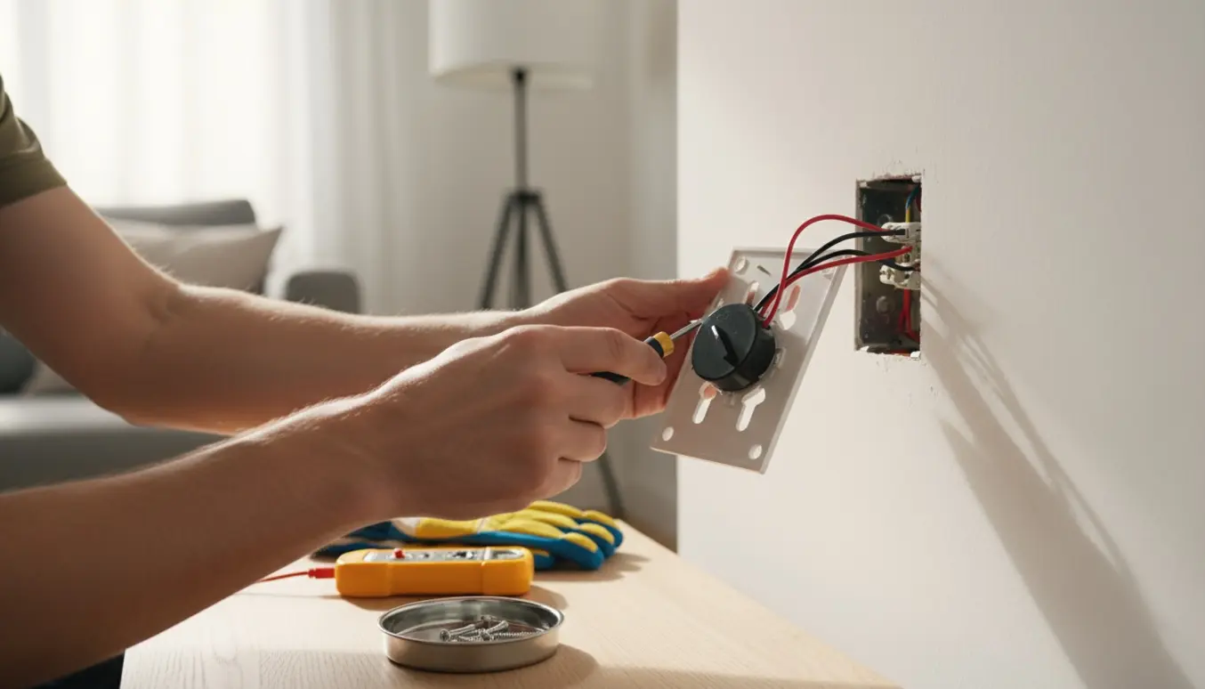 Nærbillede af hænder, der afmonterer en lysdæmper fra en væg med skruetrækker og værktøj.
