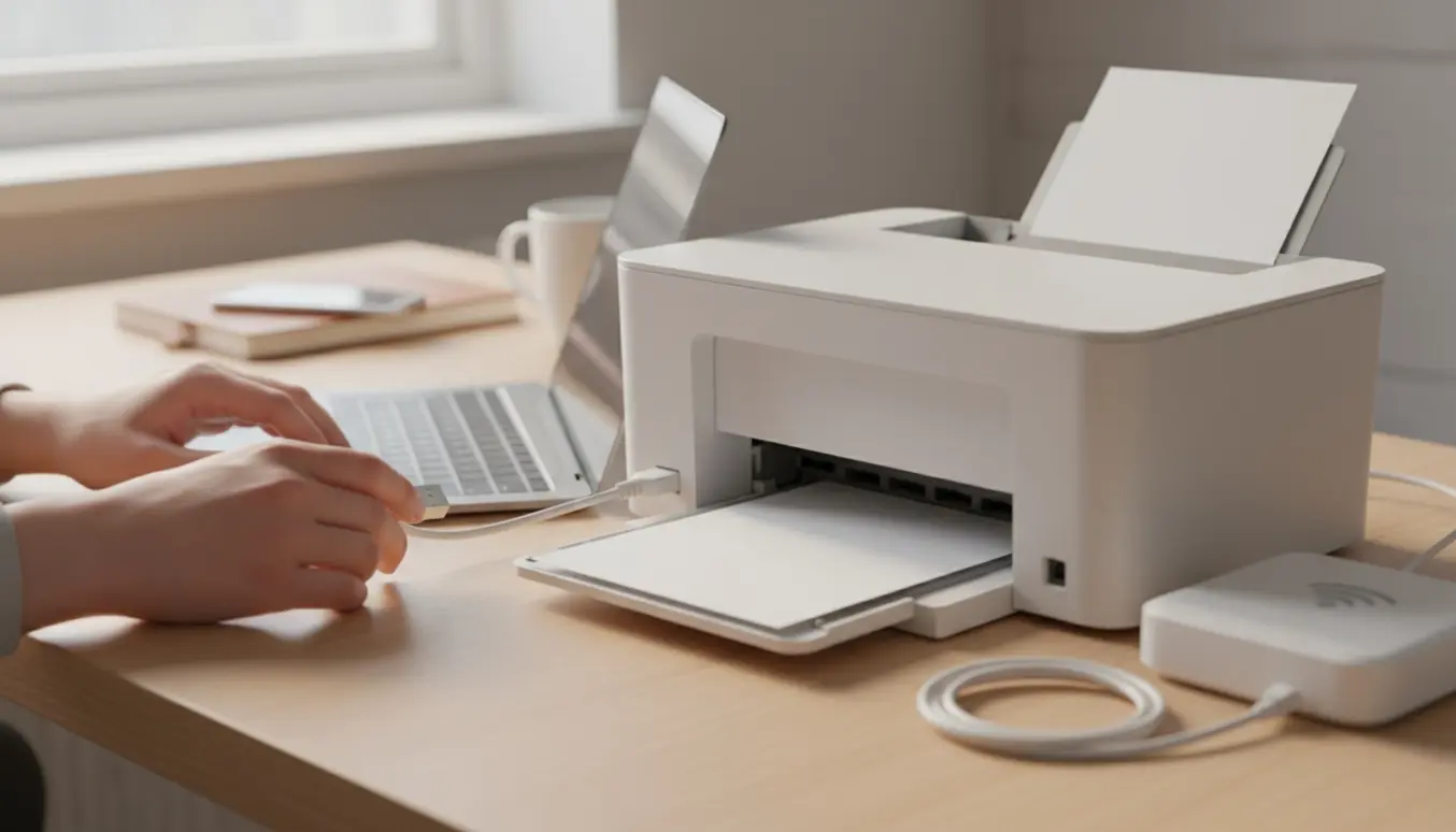 Hænder forbinder en printer til en bærbar computer med et USB-kabel på et lyst skrivebord.