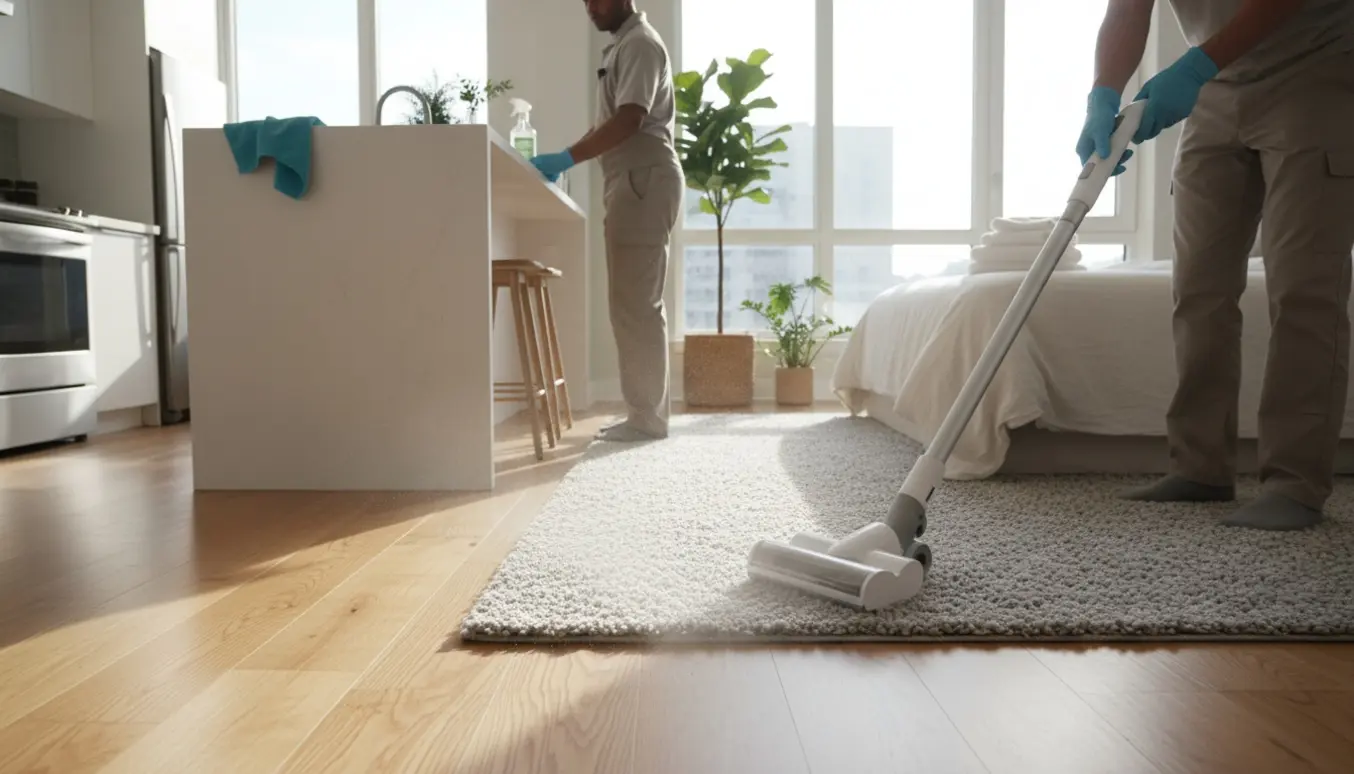 Rengøring af moderne Airbnb-lejlighed med støvsugning og aftørring i naturligt dagslys.