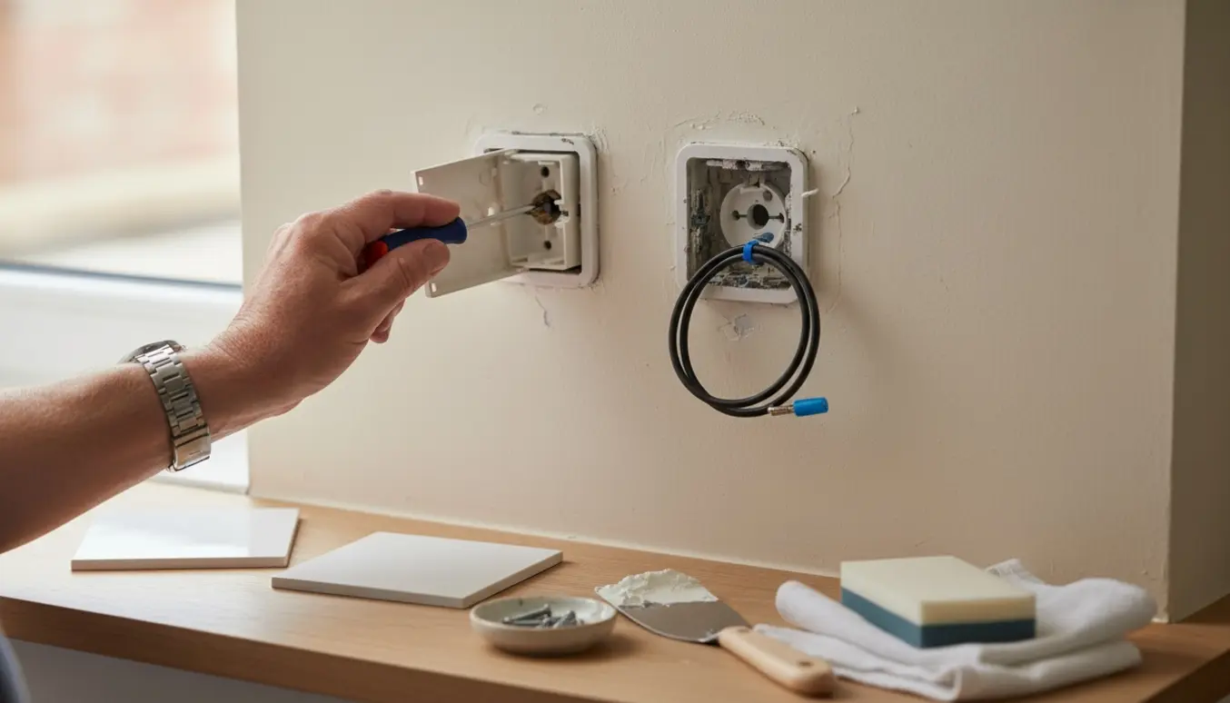 Hænder fjerner og forbereder to gamle antennestikdåser på en væg med skruetrækker og dækkapsler klar.